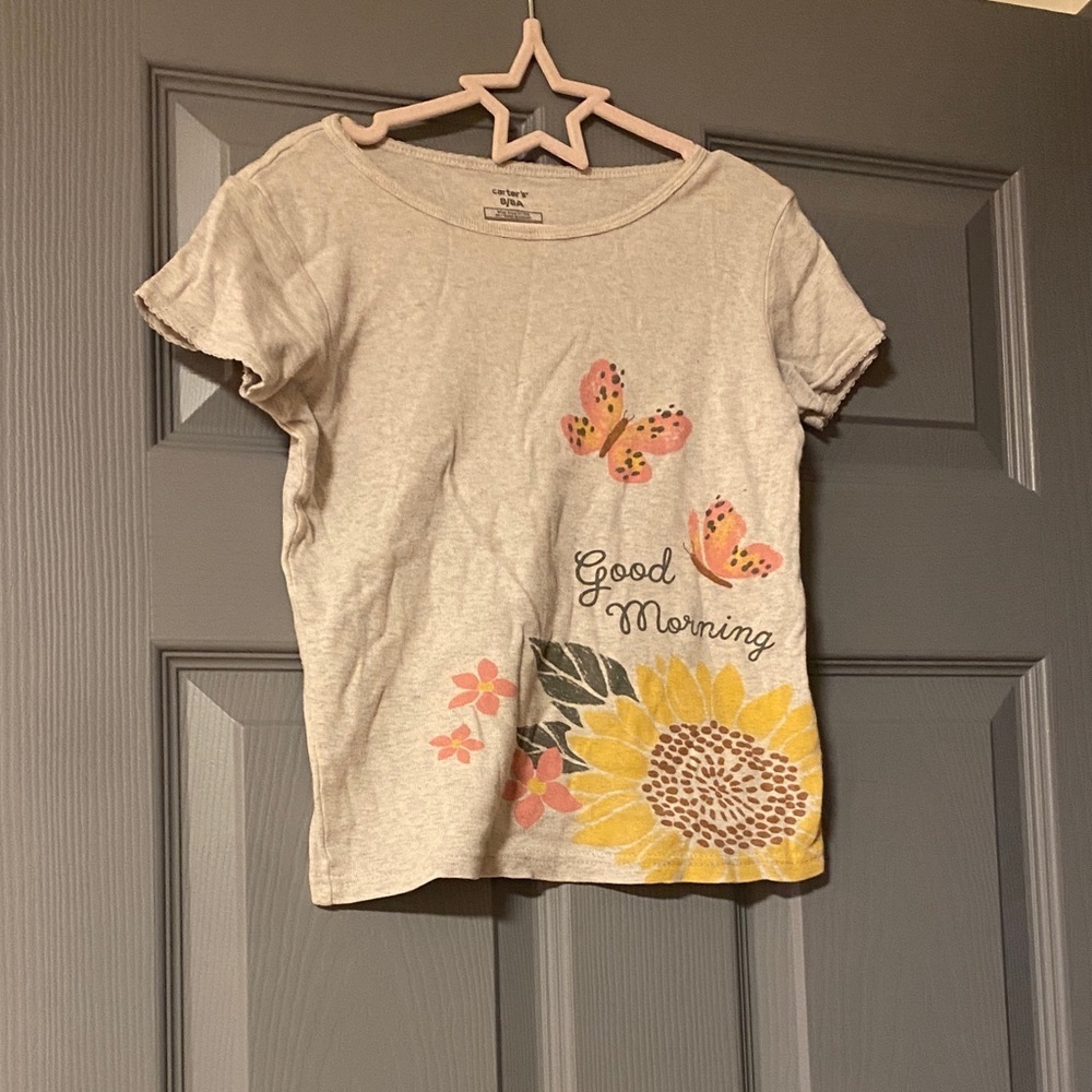Kids Gray T-Shirt with Sunflower and Butterfly Design Good Morning
